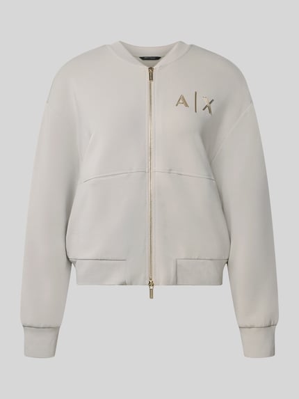 Produktfoto, Sweatjacke mit Label-Print von Armani Exchange in Beige, goldener Zweiwege-Reißverschluss, Viskose-Mix mit Stretch-Anteil, lockere Passform, seitliche Eingrifftaschen