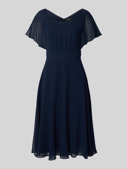 Productfoto, Knielanges Kleid mit Rundhalsausschnitt van Vera Mont, semi-transparant design, getailleerde pasvorm, korte mouwen, ondoorzichtige onderjurk, zijnaadrits, donkerblauw, zachte stoftextuur