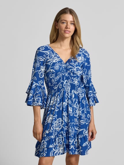 Apricot Minikleid aus reiner Viskose mit Smok-Detail Blau 4