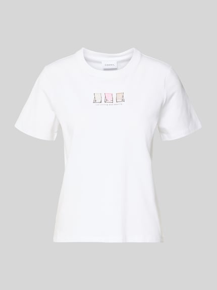 Produktfoto, T-Shirt mit Rundhalsausschnitt von Comma, Damen T-Shirt aus Baumwoll-Mix mit Modal-Anteil, Regular-Fit, Stitchings, Statement-Print, Rückseite 49 cm bei Größe 36, weiß mit kurzem Arm und feiner Textur