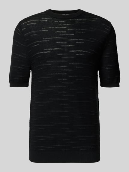 Produktfoto, Strickshirt aus Baumwolle van Antony Morato in zwart met streepdessin, rechte fit, ronde hals, geribde boorden, halve mouw, ruglengte maat M 70 cm