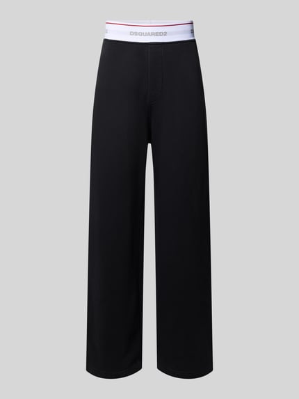 Produktfoto, Wide Leg Sweatpants mit elastischem Bund Modell 'Dsquared2' von Dsquared2, reine Baumwolle, schwarze Farbe, Label-Details am Bund, kontext: Herren Sweatpants Ready to Wear, długość wewnętrzna nogawki dla rozmiaru M: 79 cm