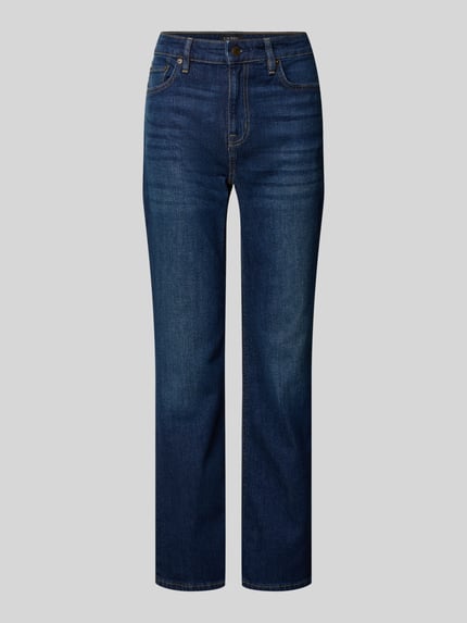Produktfoto, Straight Fit Jeans mit Eingrifftaschen Modell 'DEAVIE' von Lauren Ralph Lauren aus Baumwoll-Elasthan-Mix in Dunkelblau, strukturierte Denim-Oberfläche, Knopf- und Reißverschluss, Damen Jeans, Bundweite 39 cm, Innenbeinlänge 72 cm, glatte Form, klare Linien.