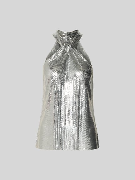 Produktfoto, Top in Netz-Optik von Rabanne in Silber, Regular-Fit, Stehkragen, Neckholder, Druckknopfverschluss, Rückenlänge 61 cm bei Größe S/M