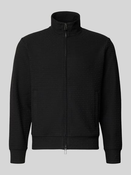 Produktfoto, schwarze Sweatjacke mit Stehkragen von Emporio Armani, Baumwoll-Lyocell-Mix mit Stretch-Anteil, Reißverschluss, Eingrifftaschen, gerippte Abschlüsse, lockerer Schnitt, glatte Struktur bei 64 cm Rückenlänge und 60 cm Ärmellänge in Größe M.