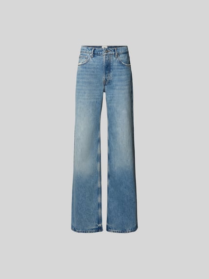 Produktfoto, Straight Fit Jeans im 5-Pocket-Design von Anine Bing aus reiner Baumwolle, mittleres Blau mit Used-Waschung, sichtbare Nähte, Gürtelschlaufen, Knopf- und Reißverschluss, Bundweite 39 cm, Innenbeinlänge 68 cm.