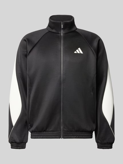 Produktfoto, Kurtka treningowa z logo i stójką od adidas Sportswear, mieszanka materiałów z bawełną, krój regular fit, czarno-białe kolory, zamek błyskawiczny, długość tyłu 68 cm, długość rękawów 67 cm