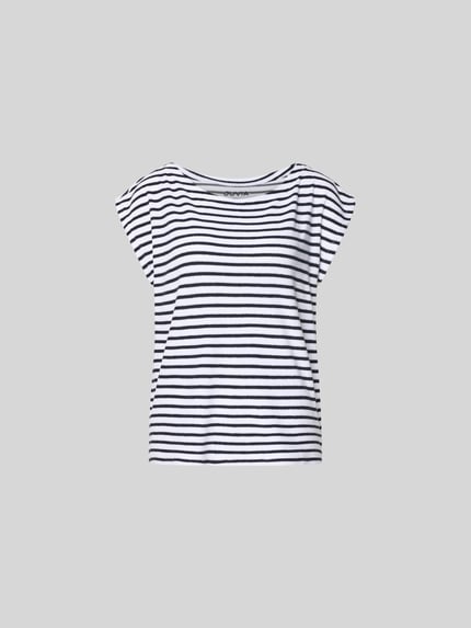 Produktfoto, T-Shirt in Frottee-Optik von Juvia, Damen T-Shirt aus Baumwoll-Mix, Relaxed-Fit, Streifenmuster, Rundhalsausschnitt, Kappärmel.