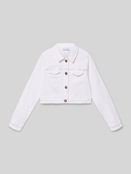 Productfoto, Regular Fit Jacke mit Pailettenbesatz van DANAMADE in wit, bloemenmotief, katoenmix, opgestikte borstzakken, doorlopende knoopsluiting.