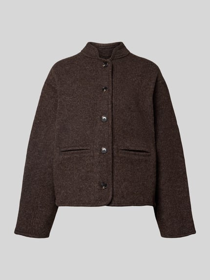 Produktfoto, Jacke mit Stehkragen und Paspeltaschen van Stefanel in donkerbruin, puur katoen, regular fit, knoopsluiting, paspelzakken, ruglengte maat S 57 cm, schouderbreedte 53 cm, borstwijdte 58 cm, mouwlengte 59 cm