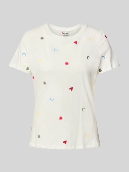 ICHI T-shirt z prążkowanym, okrągłym dekoltem model ‘OLYA’ Złamany biały 2