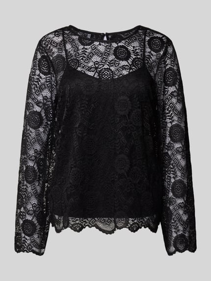 PIECES Regular fit blouse met lange mouwen van kant, model 'OLLINE' BLACK - 2