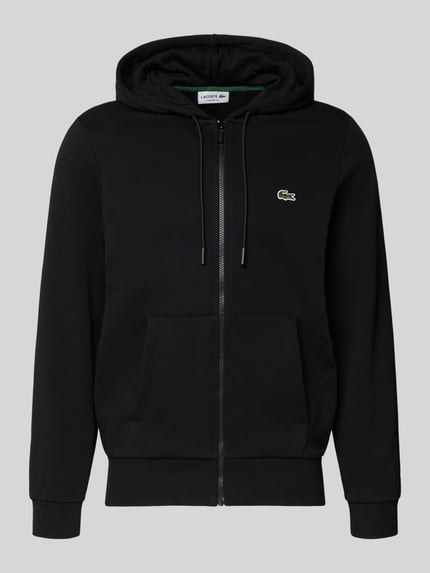 Produktfoto, Sweatjacke mit Reißverschluss von LACOSTE in Schwarz, Baumwoll-Mix, Regular-Fit, Kapuze mit Tunnelzug, Label-Detail, Eingrifftaschen, gerippte Abschlüsse, Rückenlänge 67 cm, Ärmellänge 65 cm.