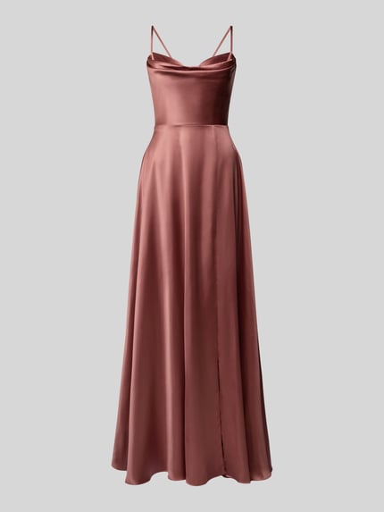 Produktfoto, Regular Fit Abendkleid mit Gehschlitz von Luxuar aus glänzendem Satin in A-Linie, Farbe Altrosa, taillierte Passform, Spaghetti-Träger