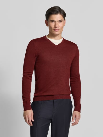 Christian Berg Men Gebreide pullover van wolmix met v-hals Bordeaux gemêleerd - 4