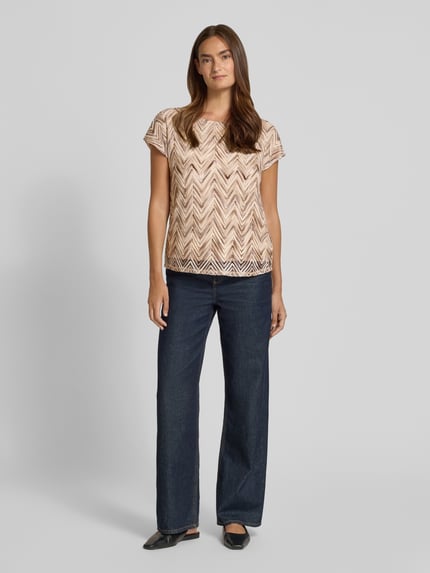 s.Oliver BLACK LABEL relaxed fit T-shirt met ajourpatroon Donkerbruin - 1