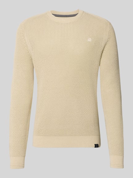Produktfoto, Regular Fit Pullover in Strick-Optik von Lerros aus reiner Baumwolle in Beige mit Rundhalsausschnitt und Logo-Stitching.