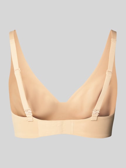 Vrouwenmodel draagt Triangel-BH met brede bandjes van Mey, materiaalmix met stretch, ongewatteerd, haakjessluiting, rugaanzicht.