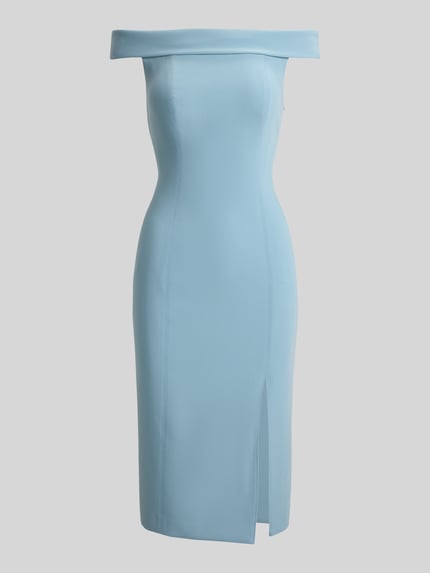 Produktfoto, Eng anliegendes Cocktailkleid mit Carmen-Ausschnitt Modell 'WOVEN-BODYCON-DRESSES' von Lauren Ralph Lauren, Optik: Unifarben, Passform: Eng anliegend, Länge: Knielang, Ausschnitt: Carmen-Ausschnitt, Trägerform: Spaghettiträger, glatte Textur, hellblaue Farbe