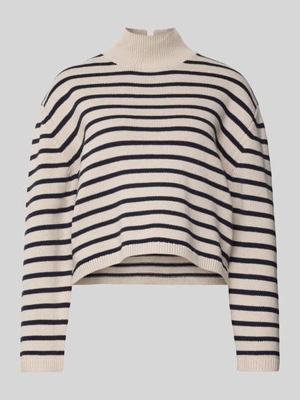 Productfoto, Regular Fit Turtleneck Pullover aus Baumwoll-Mix van Tom Tailor Denim, gestreept patroon, gebreide structuur, crèmekleurig met donkerblauw