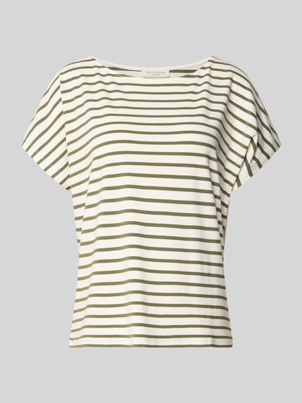 Produktfoto, T-Shirt mit Rundhalsausschnitt von Christian Berg Woman, biało-oliwkowe paski, prosty krój, mieszanka wiskozy ze stretchem, długość tyłu w rozmiarze S: 57 cm