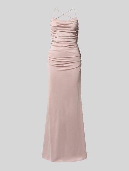 Produktfoto, Slim Fit Abendkleid aus Satin von Laona, Damen Abendkleid mit Rückenausschnitt, Schnürverschluss, Ärmelloses-Design, rosa Farbton, glatte Satin-Haptik, Konfektionsgröße 36 Rückenlänge 111 cm, Brustweite 31 cm
