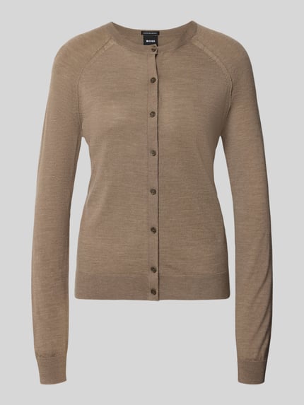 Produktfoto, Regular Fit Strickjacke aus reiner Schurwolle Modell 'Fonami' von BOSS in beigebraun, leicht meliert, fein gestrickt. Damen Strickjacke von BOSS