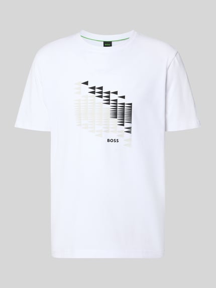 Produktfoto, białe męski t-shirt z krótkim rękawem, grafika geometryczna, bawełniana tekstura, Relaxed Fit T-Shirt aus Baumwoll-Mix Modell 'TS_NETWORK FLAG' von BOSS Green