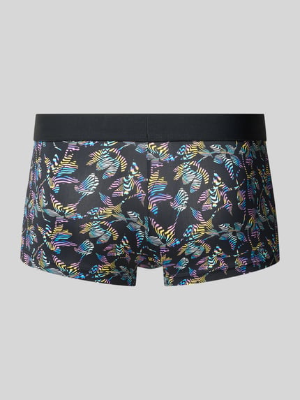 Produktfoto, Trunks mit elastischem Logo-Bund Modell 'Richard' von HOM, schwarzer Baumwoll-Mix mit buntem Muster und Stretch-Anteil