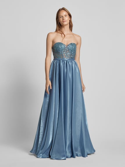 unique Tailliertes Abendkleid mit Ziersteinbesatz Bleu 1
