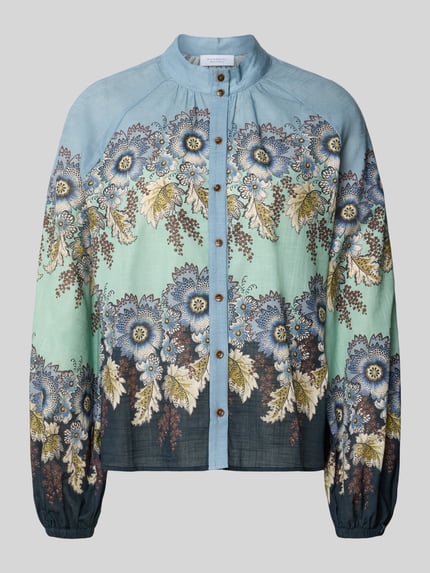 Produktfoto, Relaxed Fit Bluse aus reiner Baumwolle von Rich & Royal, lichtblauw-groen met all-over bloemenprint, opstaande kraag, met lange mouwen, doorlopende knoopsluiting, Dames blouse van puur katoen, ruglengte maat 36: 59 cm, mouwlengte maat 36: 66 cm