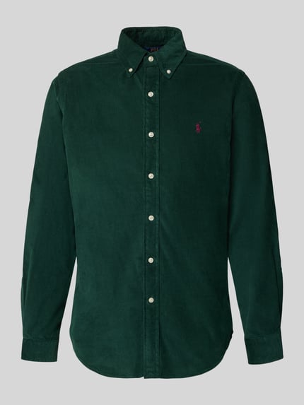 Produktfoto, dunkelgrünes Custom Fit Freizeithemd aus reiner Baumwolle von Polo Ralph Lauren, glatte Knopfleiste, feine Cordstruktur