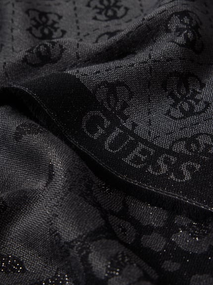 Produktfoto, szal aus Viskose-Mix Modell 'Jacquard' von GUESS, czarny, żakardowy wzór z logo, prostokątny kształt, detal z logo, szerokość w rozmiarze 1: 182 cm, długość w rozmiarze 1: 73 cm