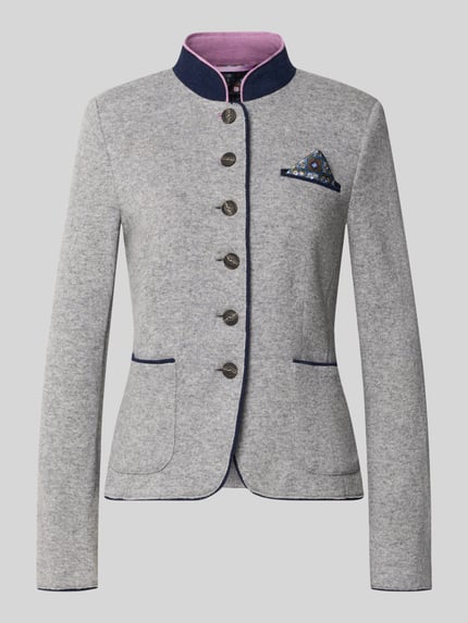Productfoto, Blazer uit wol-mix met pochet van White Label, getailleerd model, korte opstaande kraag, grijs met blauwe details, zichtbare textuur