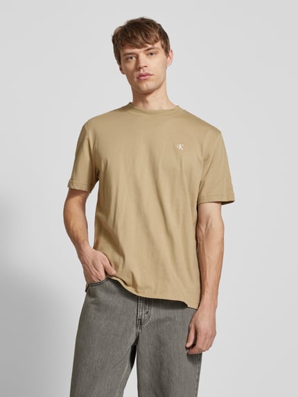 Calvin Klein Jeans T-shirt met geribde ronde hals Beige - 4