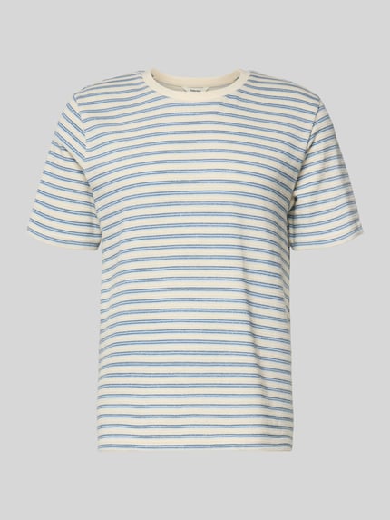 Produktfoto, Regular Fit T-Shirt aus Baumwoll-Mix Modell 'KEVIN' von SELECTED HOMME mit Optik:Allover-Muster, gestreift, Feinstrick, Rundhals, Kurzarm, in Creme und Blau