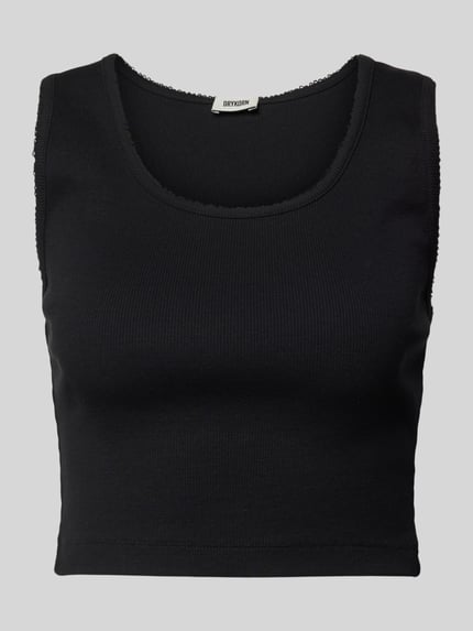 Produktfoto, zwart Tanktop met ronde hals model 'FARIDA' van Drykorn, fijnrib, nauwsluitende fit, puur katoen, lengte maat S 48 cm