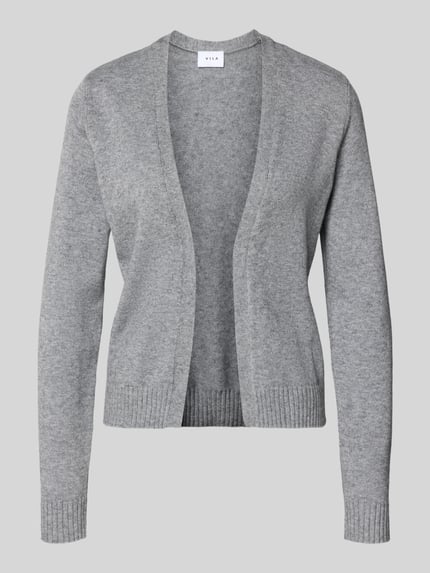 Produktfoto, grauer Damen Cardigan aus Viskose-Mix mit geradem Schnitt, offenen Front und gerippten Abschlüssen, Modell 'VIRIL' von Vila, Rückenlänge bei Größe S 54 cm, Ärmellänge 63 cm.