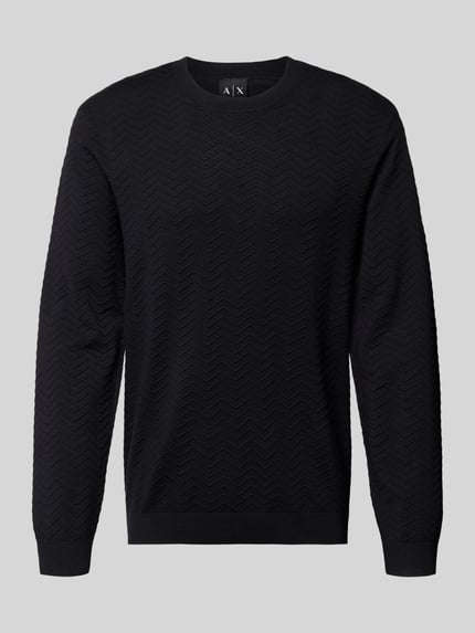 Produktfoto, Strickpullover aus Viskose-Mix von ARMANI EXCHANGE in Schwarz mit Strick-Optik, Gerade Passform, Rundhalsausschnitt, elastische Abschlüsse, Rückenlänge 70 cm, Ärmellänge 74 cm.