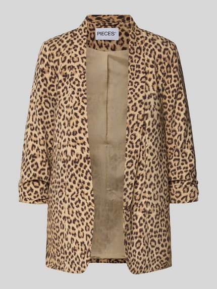 Produktfoto, Regular Fit Longblazer mit All-over motief Model 'BOSELLA' van Pieces, look: all-over motief, pasvorm: regular fit, reverskraag, schoudervullingen, 3/4-mouwen met gerimpelde mouwboord, materiaalverwerking: geweven structuur.