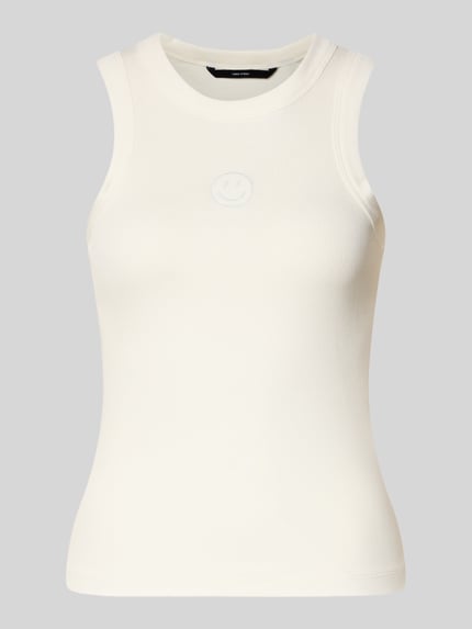 Produktfoto, Slim Fit Tank Top aus Baumwoll-Mix Modell 'SMILE CAISA TANK TOP' von Vero Moda, Optik: Unifarben, Rundhals, Feinripp, Motiv-Stitching, glatte weiße Oberfläche