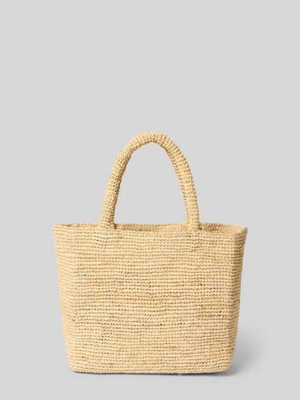 Produktfoto, Shopper aus reiner Baumwolle Modell 'RAFFIA' von MC2 Saint Barth in Bast-Optik mit Statement-Stickerei, beige Struktur, Hauptfach mit Reißverschluss, verstellbarer Schulterriemen, lange Tragehenkel, Breite 36 cm, Länge 24 cm, Tiefe 13 cm