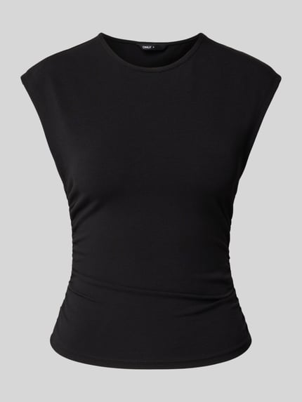 Produktfoto, Slim Fit T-Shirt aus Baumwoll-Mix Modell 'MIRA' von Only in Optik: Unifarben, schwarze Jersey-Textur, mit Raffung, Rundhals, Kurzarm.