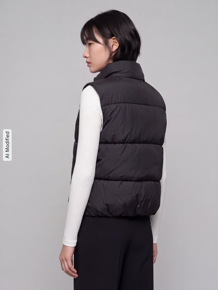 Frauenmodel trägt schwarze Regular Fit Weste mit Stehkragen von PIECES, glatte Textur, schlichte Optik, Ganzkörperansicht Rückansicht, KI-modifiziertes Bild.