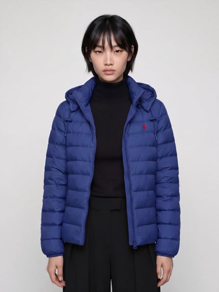 Frauenmodel trägt blaue Steppjacke mit Kapuze von Polo Ralph Lauren über schwarzem Rollkragenpullover, Ganzkörperansicht von vorne.