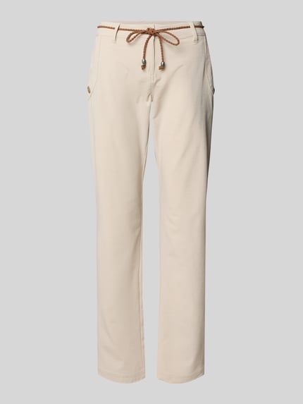 Produktfoto, Stoffhose mit Bindegürtel und Eingrifftaschen von G.I.G.A. DX, beige, aus Baumwoll-Mix mit Stretch-Anteil, Straight Fit, sichtbare Knopf- und Reißverschluss-Details, Eingrifftaschen mit Knopfverschluss, Gesäßtaschen, Bundweite 41 cm, Innenbeinlänge 78 cm bei Größe 36.