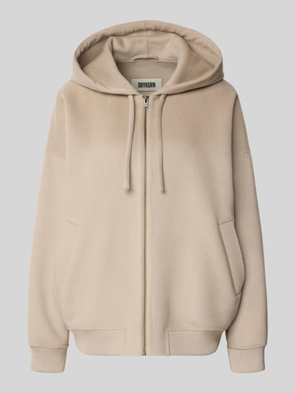 Produktfoto, Oversized Sweatjacke mit Kapuze Modell 'DUNSTONE' von Drykorn aus Woll-Mix, beige, Reißverschluss, Tunnelzug, Eingrifftaschen, gerippte Abschlüsse.