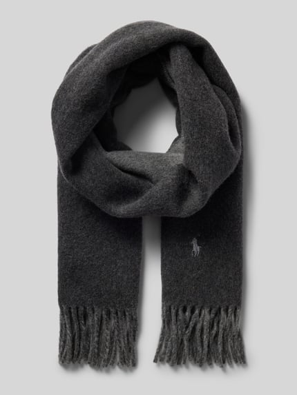Produktfoto, donkere grijze sjaal van wolmix met zachte textuur en franjes, Heren sjaal van Polo Ralph Lauren