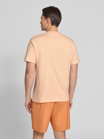 Männermodel trägt Regular Fit T-Shirt aus reiner Baumwolle von Lacoste, Optik: Unifarben, Logo-Print, Rundhals, Kurzarm, Ganzkörperansicht Rückansicht.