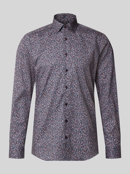 Produktfoto, donkerblauw OLYMP Body Fit Businesshemd uit katoenmix met fijn bloemenpatroon, Heren zakelijk overhemd